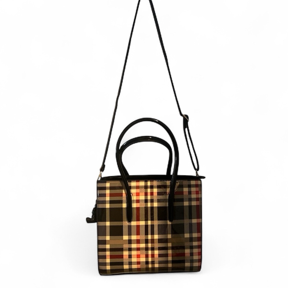 Black Patent Leather Basket Weave‎ Check Satchel / Tote Bag - Picture 3 of 6